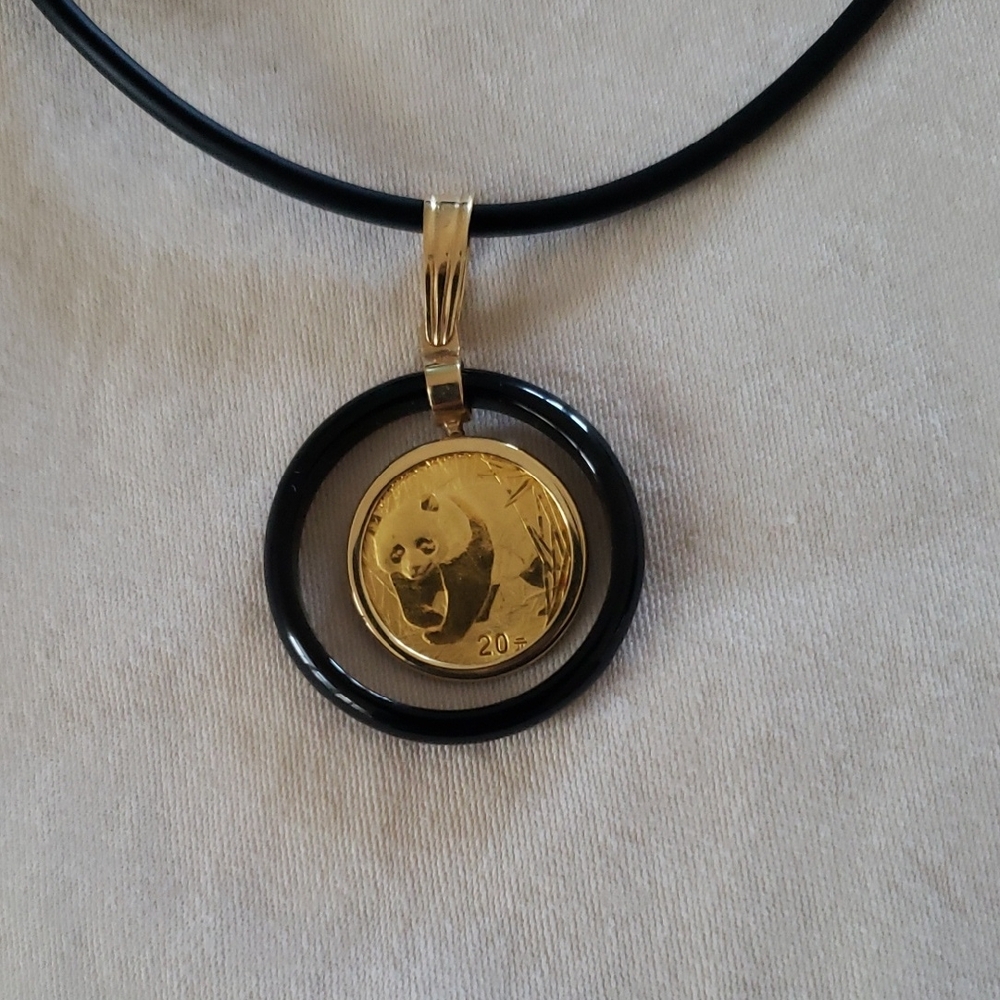24k/14k Gold Panda Coin Pendant Necklace with Black Ring